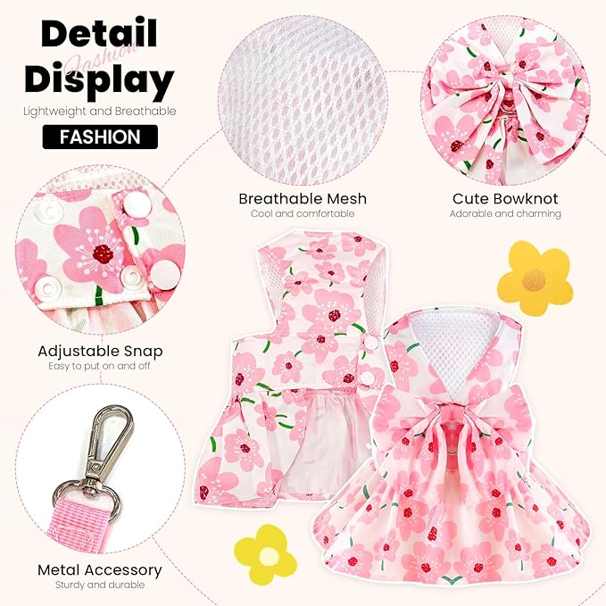 Cute Dog Dress Small Dog Clothes for Girls Female Puppy Outfits Pink Floral Pet Summer Clothes Bowknot Doggy Cat Princess Dress Harness Set for Holiday Birthday Party Costume Clothing (Pink,L)