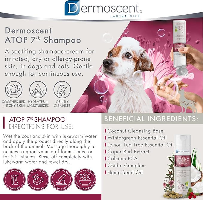 Dermoscent ATOP 7 Shampoo for Dogs & Cats - Allergies & Itchy Skin Relief - Natural Ingredients - Helps Soothe Dermatitis & Atopic Skin - 200 ml