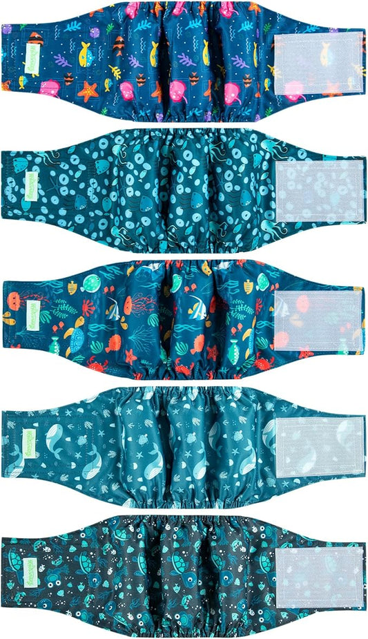 wegreeco Small Dog Diapers Male,Reusable Belly Bands for Male Dogs,Washable Doggie Puppy Diapers Wraps,Medium Large Size (5 Pack X-Large, Marine Animal)