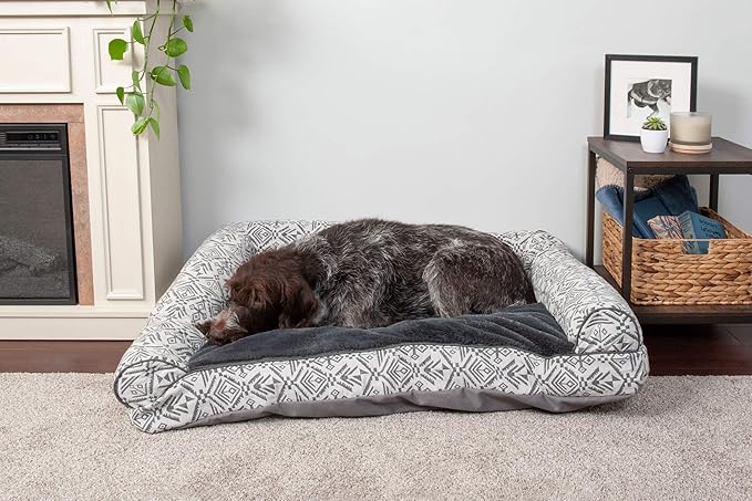 Furhaven Pillow Dog Bed for Large Dogs w/ Removable Bolsters & Washable Cover - Plush & Southwest Kilim Woven Decor Sofa - Boulder Gray, Jumbo/XL