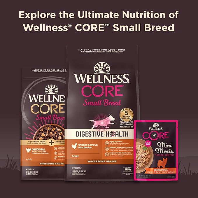 Wellness CORE Natural Grain Free Small Breed Mini Meals Wet Dog Food, Shredded Chicken & Lamb Entrée in Gravy, 3-Ounce Pouch (Pack of 12)