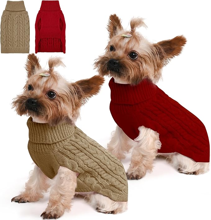 2 Pack Dog Sweaters for Small Dogs Winter Turtleneck Pullover Cable Knit Fleece Stretch Puppy Doggie Chihuahua Toy Poodle Yorkie Pomeranian Boy Girl Pet Clothes (XS, Red & Brown)