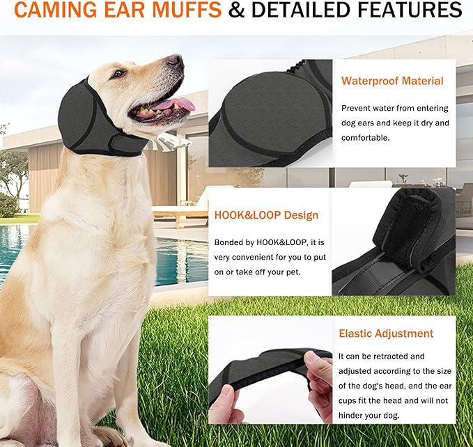 BAMY Swimming Waterproof Dog Ear Caps, Calming Large Dog Ears Cover, Pet Shower Muffs for Ear Protection for Bath for Grooming (Gray, L (Size L: Head Circumference 18"-24"))