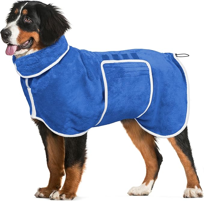 Dog Bathrobe Towel Dog Drying Coat - Super Absorbent Towels Bath Robe for Dogs Large, Soft Adjustable Collar & Belly Strap Fast Drying Coat Pet Cat Bath Robe (Medium Blue‌, X-Large)