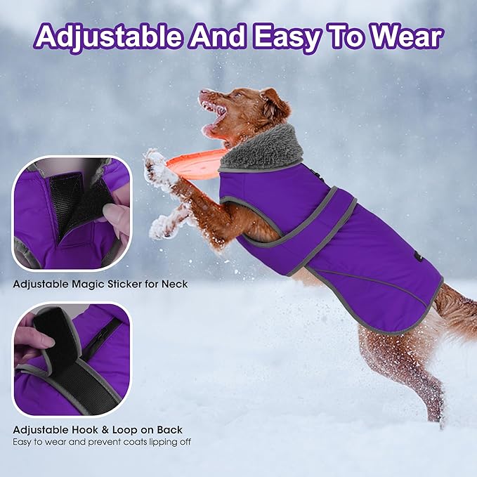 Dogcheer Dog Coat, Waterproof Dog Jacket Reflective Pet Winter Coat with Adjustable Hook & Loop, Christmas Puppy Fleece Jacket Warm Turtleneck Snowsuit for Small Medium Large Dogs - Purple, XL