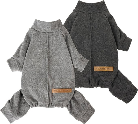 Fitwarm 2 Pack Lightweight Fleece Dog Pajamas, Warm Winter Clothes for Small Dogs Boy Girl, Cozy Pet Onesie with Feet, Dark Gray, Light Gray, XL