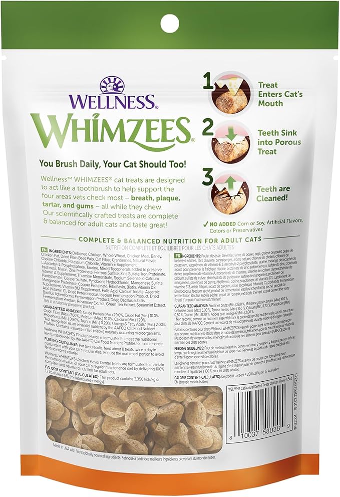WHIMZEES Wellness Cat Dental Treats, Chicken Flavor, (4.5 Ounce Bag)