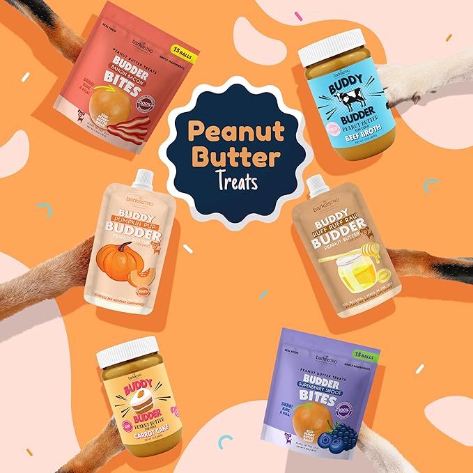 BUDDY BUDDER Bark Bistro Company, Superberry Snoot + Pumpkin Pup, Natural Dog Peanut Butter, Dog Treat, Made in USA (Set of 2, 17oz Jars)