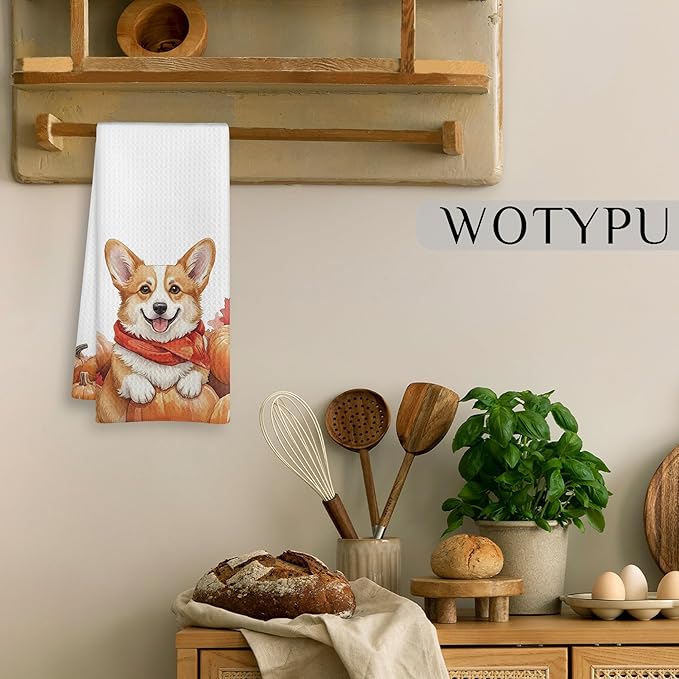 Fall Corgi Gift Kitchen Towels, Corgi Lover Gifts Dish Tea Towel for Kitchen Decor, Farmhouse Fall Autumn Maple Leaf Dog Hand Towels for Bathroom Decor,16X24 Inch