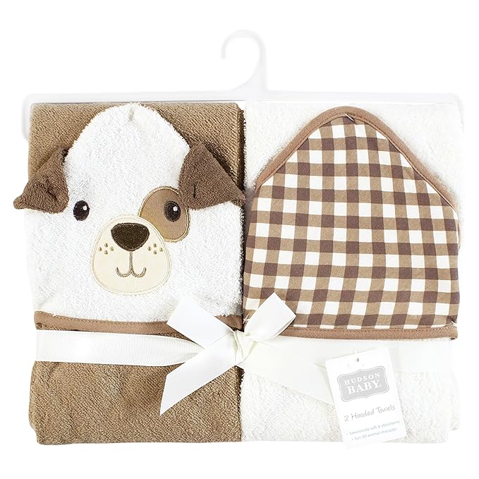 Hudson Baby Unisex Baby Cotton Animal Face Hooded Towel, Brown Gingham Puppy, One Size