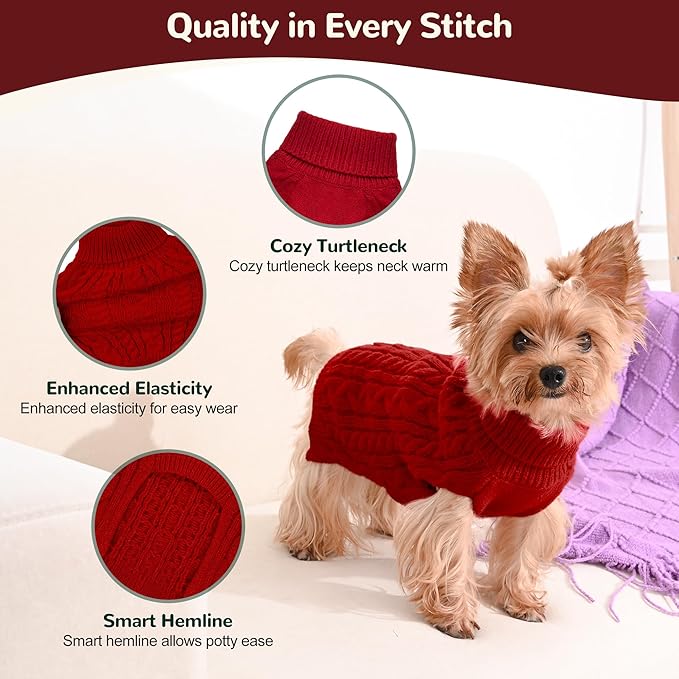 2 Pack Dog Sweaters for Small Dogs Winter Turtleneck Pullover Cable Knit Fleece Stretch Puppy Doggie Chihuahua Toy Poodle Yorkie Pomeranian Boy Girl Pet Clothes (XS, Red & Green)