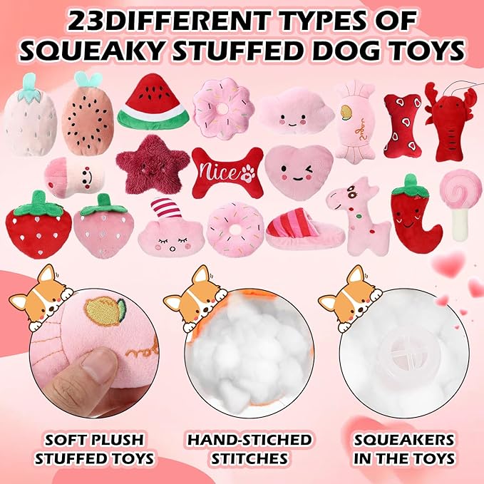 Syhood 60 Pcs Squeaky Dog Toys Bulk Stuffed Plush Chew Toys Puppy Teething Rope Cute Spiky Chew Ball for Small Dog Pet Teething Gift(Pink Style)