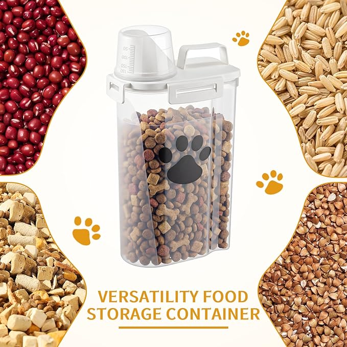 2 Pack Upgraded Dog Food Storage Container with Measuring Cup, Portable Pet Food Containers with Upgraded Large Spout and Cup for Dogs, Cats, Birds, Small Animals (Cream)