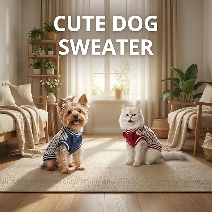 Small Dog Sweaters, Pet V-Neck Doggy Clothes, Knit Sweater for Pomeranian, Bichon, Frise, Pug, Yorkie, Cat Cold Weather Outfit (Blue, L)