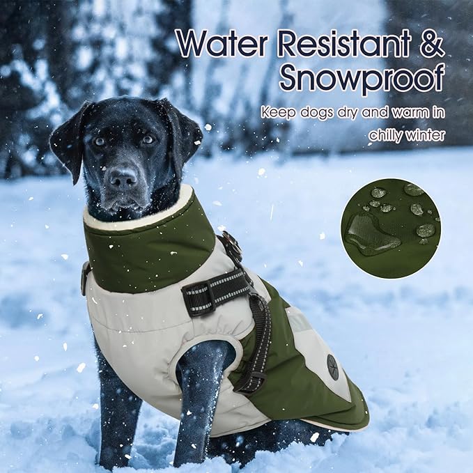 IECOii Warm Small Dog Coat Harness with D Ring - Green, Zip Dog Jacket Winter Reflective, Fleece Lined Snow Jacket, Pet Clothes for Small Dogs, Yorkshire Terrier, Bichon, Shih Tzu
