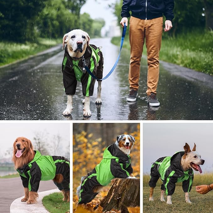 Dog Raincoat - Waterproof, Lightweight Jacket for Large Dogs - Adjustable 4 Legs Pet Poncho With Hood - Snow-Proof Vest With Leash Hole