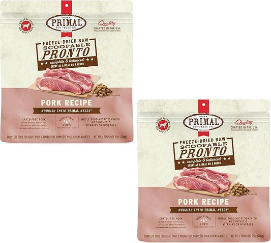 Primal Freeze Dried Dog Food, Pronto Mini Nuggets, Pork; Scoop & Serve, Complete & Balanced Meal; Also Use As Topper or Treat; Premium, Healthy, Grain Free, High Protein Raw Dog Food 25 oz (Pack of 2)