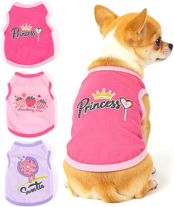 3 Pieces Dog Clothes for Small Dogs Girl Summer Dog Shirts Cute Printed Puppy Tshirts Pet Outfits Apparel, Medium, Pink, Rose, Purple