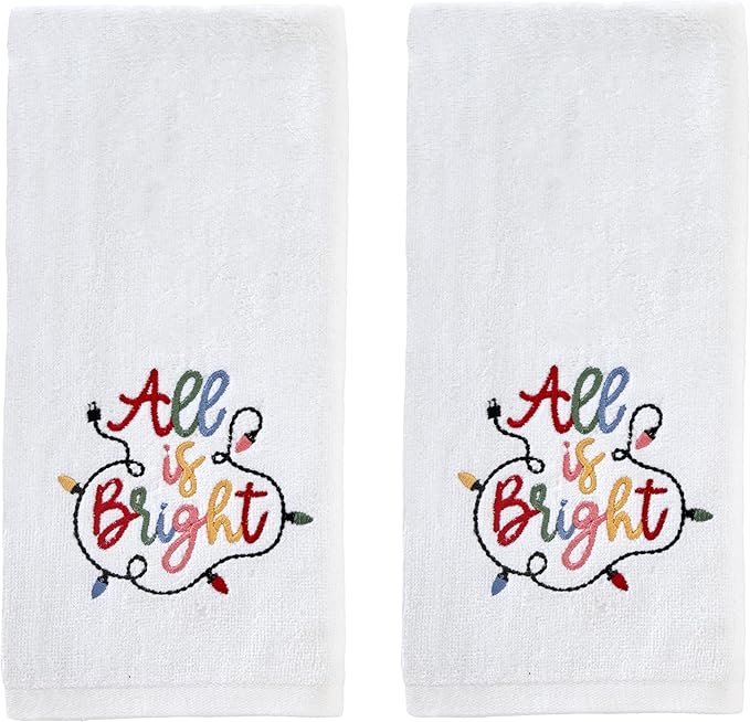 SKL Home Christmas/Winter All is Bright Hand Towel 2pc Set for Bath/Kitchen/Bar & Gift, Optic White