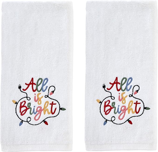 SKL Home Christmas/Winter All is Bright Hand Towel 2pc Set for Bath/Kitchen/Bar & Gift, Optic White