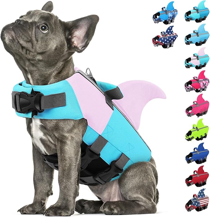 SUNFURA Dog Life Jacket Shark Life Vest for Dogs, Adjustable Swmming Vest with High Buoyancy, Safety Lifesaver with Rescue Handle for French Bulldog Small Medium Breeds, BluePink L