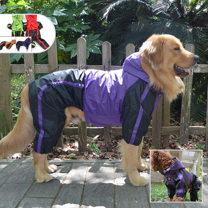 Lovelonglong Dog Raincoat, Purple, Large, Waterproof Hooded Clothes for Small Medium Large Dogs