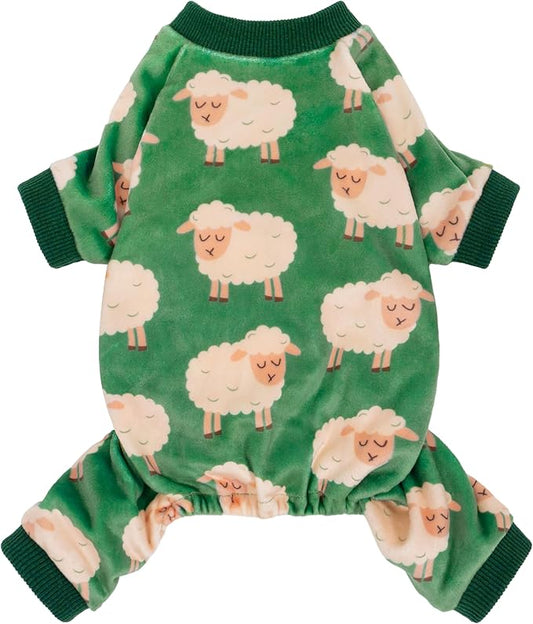 Fitwarm Funny Sheep Dog Pajamas, Warm Winter Dog Clothes for Small Dogs Boy Girl, Cozy Pet Onesie with Feet, Green, White, Large