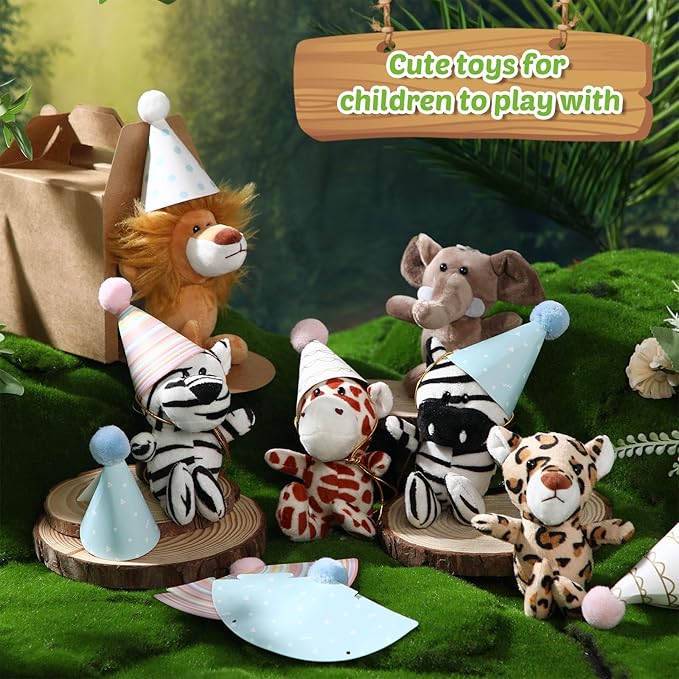20 Set Safari Mini Jungle Animal Plush Toys Stuffed Forest Animals Plush Toys Set with Birthday Hats Kraft Paper Boxes Adopt Pet for Kid Theme Birthday Favor(Safari)