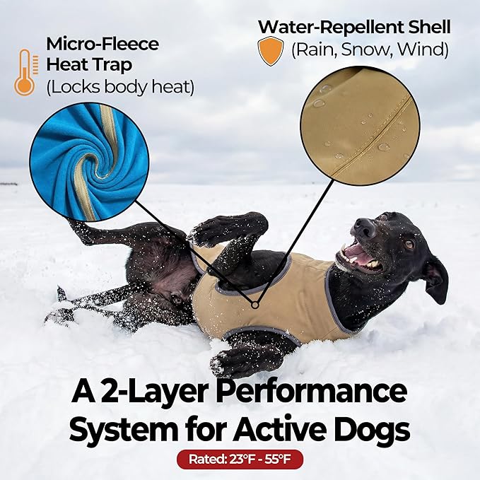 Dog Winter Vest with Fur-Safe Buckle (No Hook & Loop), Water-Repellent Fleece Lined Jacket, 360° Reflective, Leash Hole & Leg Straps, Adjustable for Hiking & Active Dogs (Brown, X-Small)