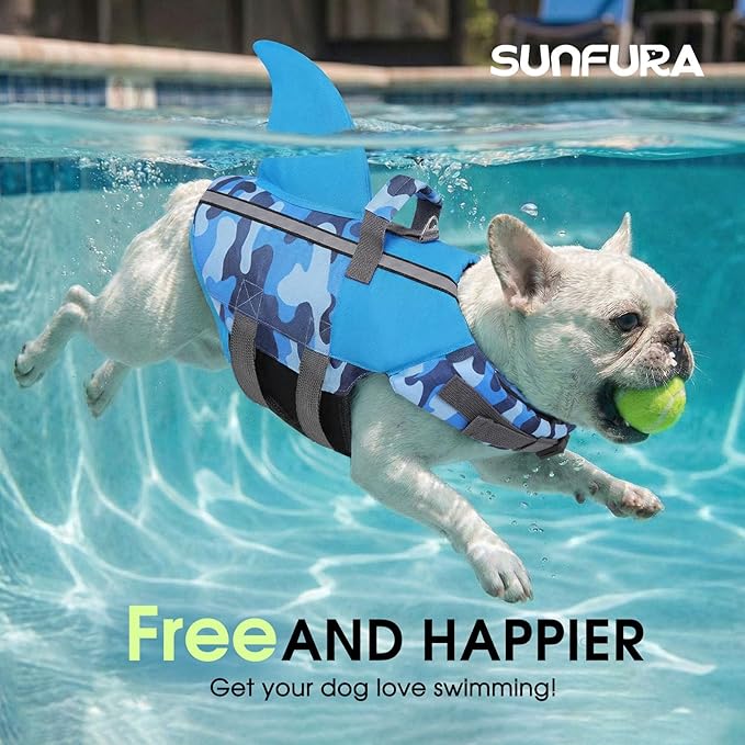 SUNFURA Dog Life Jacket Shark Life Vest for Dogs, Adjustable Swmming Vest with High Buoyancy, Safety Lifesaver with Rescue Handle for French Bulldog Small Medium Breeds, BlueCamo S