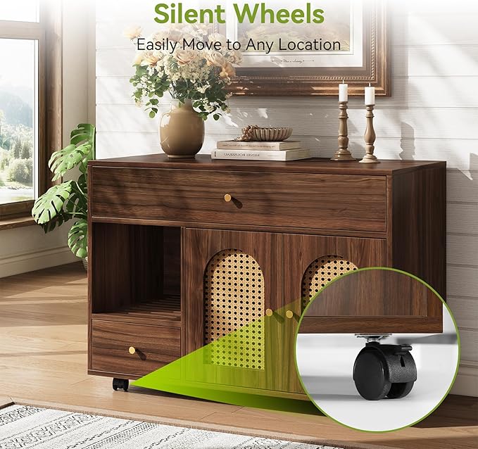 LITTLE TREE Wooden Cat Litter Box Enclosure with Wicker Doors, Hidden Litter Box Cabinet Furniture, Multi-Functional Storage Cabinet for Home Decor, Indoor Cats House for Privacy & Odor Control