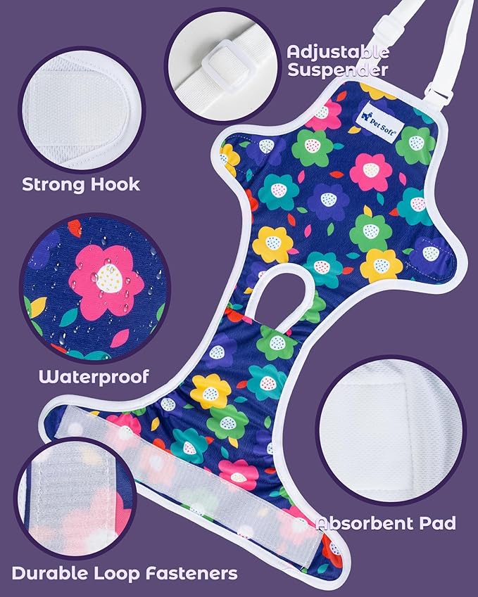 Pet Soft Dog Diapers Female Onesie Sanitary Pantie with Adjustable Suspender, Colorful Pattern Washable Puppy Diapers Female, Super Absorbent Underwear Dog Diaper for Heat (Floral, Mini-Small)