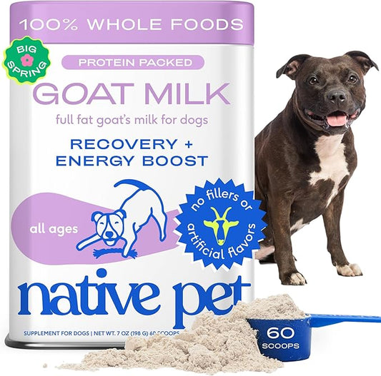 Native Pet Goat Milk Powder - Dog Food Topper for Active Dogs - Post-Activity Recovery, Energy, Immune Support, Hydration & Bone Health - Whole Goat Milk with MCTs & Essential Minerals - 60 Scoops