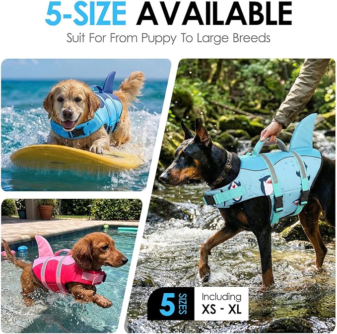 AOFITEE Dog Life Jacket, Shark Dog Life Vest for Swimming Boating, Reflective High Flotation Small Dogs Lifesaver, Ripstop Pet Swim Vest Swimsuit with Rescue Handle for Small Medium Large Dogs, S