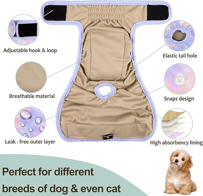 3 Pack Female Dog Diapers - Reusable Diapers for Doggie in Heat - Highly Absorbent Dog Diapers Female for Pet Incontinence with Adjustable Snaps (Tie Dye, L)