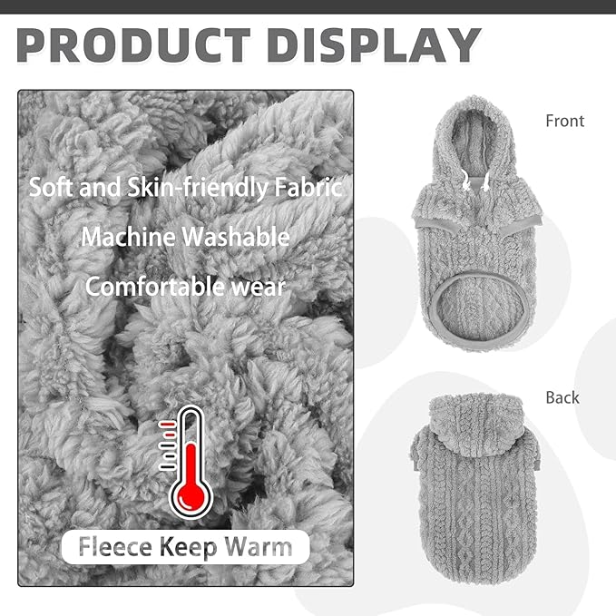 KOOLTAIL Fuzzy Dog Sweater Hoodie for Small Medium Large Dogs, Soft Fleece Pet Clothes Sweatshirt with Leash Hole, Warm Winter Dog Sherpa Jacket Snuggie Cold Weather Coat for Puppy Cats Girl, Grey SM