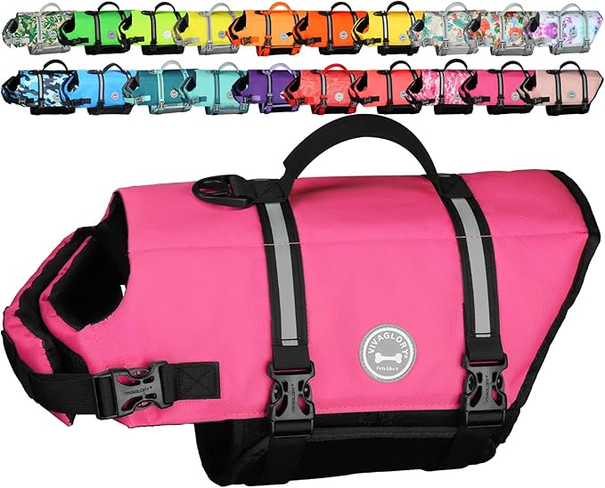VIVAGLORY Rip Stop Dog Life Vest, Swimming Vest with Handle, Buoyancy for Doggy Puppy, Dog Life Jacket for Swimming & Boating, XXS, Pink