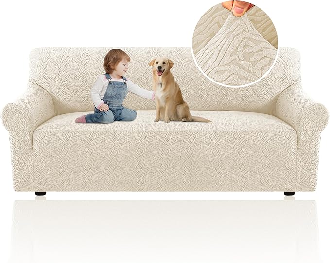 H.VERSAILTEX Jacquard Couch Covers for 3 Cushion Couch 1 Piece Stretch Sofa Covers Furniture Protector Anti-Slip Soft Thickened Dogs Slipcovers Washable Leopard Pattern(Sofa, Ivory)