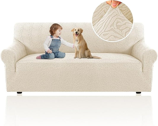 H.VERSAILTEX Jacquard Couch Covers for 3 Cushion Couch 1 Piece Stretch Sofa Covers Furniture Protector Anti-Slip Soft Thickened Dogs Slipcovers Washable Leopard Pattern(Sofa, Ivory)
