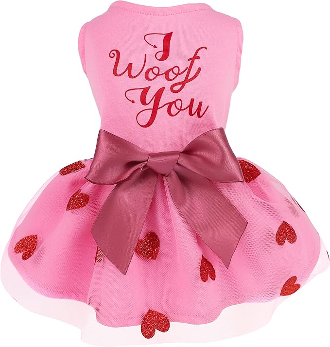 Fitwarm I Woof You Valentines Dog Dress 100% Cotton Girl Dog Clothes Pet Apparel Doggie Tutu with Bowknot Cat Clothing Puppy Dresses Doggy Costume Attire Pink XX-Small