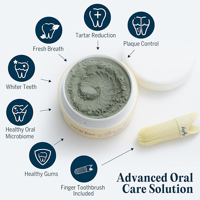 Flydog Fresh Kiss Dog Dental Powder with Finger Brush - Probiotic Breath Freshener for Dogs, Helps Reduce Plaque & Tartar, Beef Flavor, All Natural