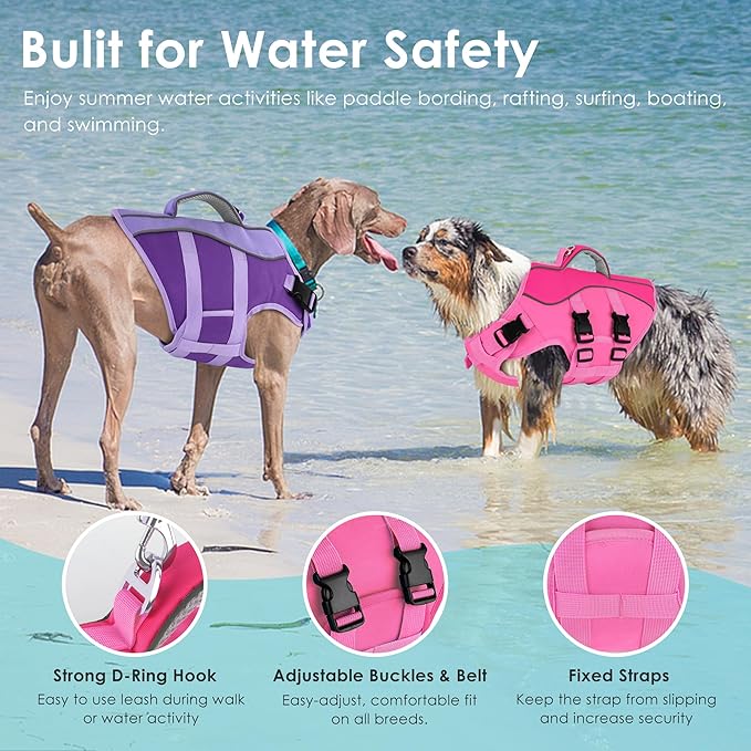 Dog Life Jacket, High Buoyancy Dog Life Vest with Handle for Swimming Boating, Adjustable Swimming Vest with Reflective Trim for Small Medium Large Dogs - Pink, XS