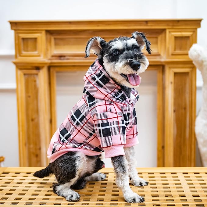 EXPAWLORER Plaid Dog Hoodie - British Style Warm Dog Sweater Shirt with Leash Hole,Pitbull Clothes Outfits,Winter Coat Apparel for All Breeds Puppy Girl Boy-Cat Apparel,Pink S-Medium