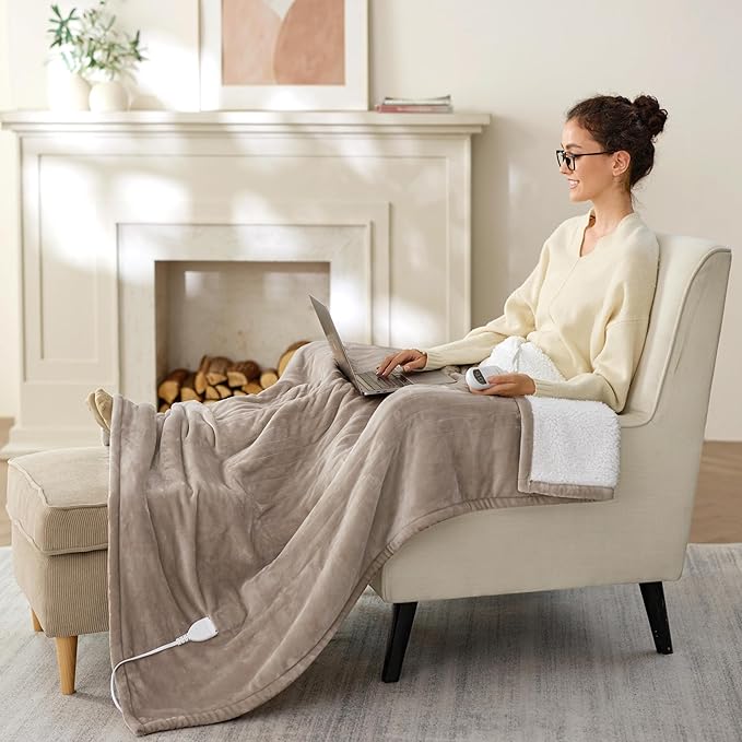 Bedsure Heated Blanket Throw Blanket - Fast Heating Electric Blanket, Soft Flannel Throw with 6 Time Settings(Up to 10H), 6 Heating Settings, Gifts for Grandma Grandpa Seniors (50"x60", Taupe)