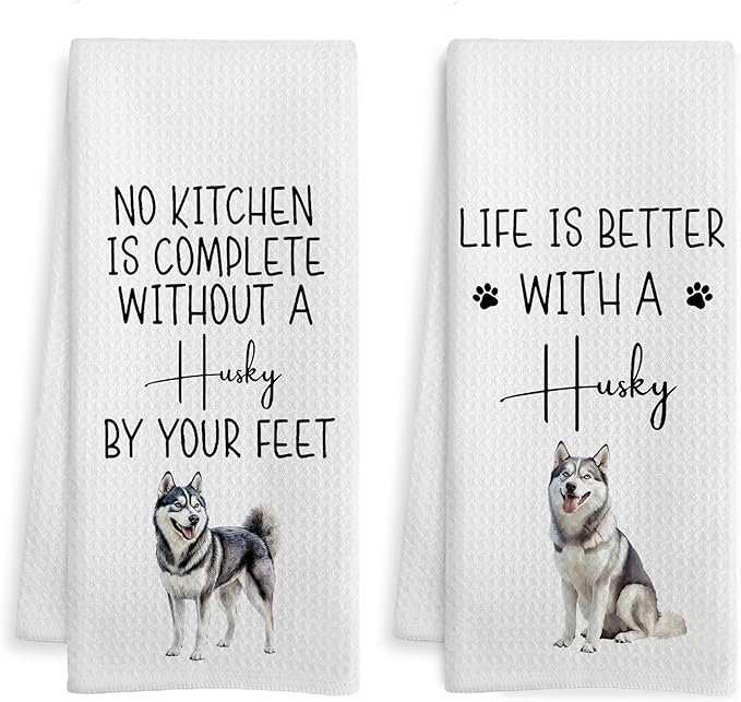 Funny Husky Kitchen Towels, Gifts for Husky Lovers, Dog Mom Dad Gifts Dish Tea Towels for Kitchen, Housewarming Gift Decorative Hand Towel, 16x24 Inch Set of 2