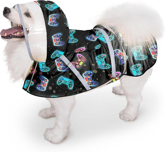 Dog Raincoat, Adjustable Rain Jacket with Hooded Double Layer for Large Medium Small Dogs Puppies, Lightweight Waterproof Rain Coat Poncho with Reflective Stripe Game Controller Black,XXL