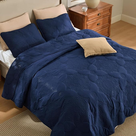 Bedsure King Size Quilt - Stitch-Free Ultrasonic Quilting, Navy Blue Bedspread with Modern Vintage Mandala Embossed Pattern, Lightweight All-Season Comforter & Coverlet, 106 x 96 Inches | Stitch-Free Quilting, Ultra Soft, Lightweight, Machine Washable,...