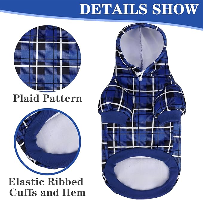 EXPAWLORER Plaid Dog Hoodie - British Style Warm Dog Sweater Shirt with Leash Hole,Pitbull Clothes Outfits,Winter Coat Apparel for All Breeds Puppy Girl Boy-Cat Apparel,Navy Blue Small