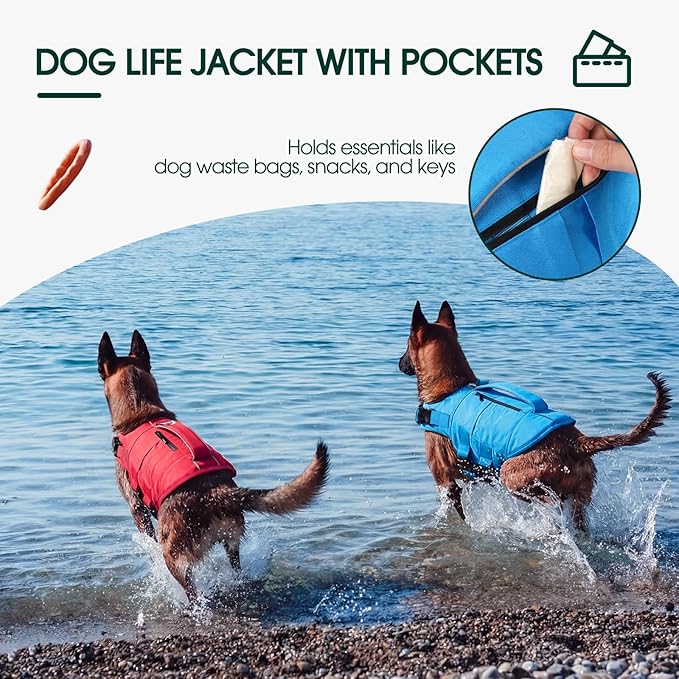 Kuoser Dog Life Jacket, High Flotation Dog Life Vest for Swimming Boating, Adjustable Small Medium Large Dogs Swim Vest with Rescue Handle and Pocket, Reflective Safety Pet Lifejacket Floats for Pool