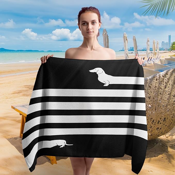 Cute Dog Dachshund Beach Towel Gifts for Dog Lovers Owner, Funny Black and White Wiener Microfiber Quick Dry Travel Sand Free Beach Towels Oversized Decor for Bathroom Swimming Pool 30x60 Inch